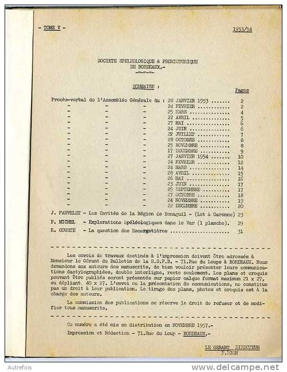 SOCIETE SPELEOLOGIQUE  ET PREHISTORIQUE DE BORDEAUX 1953-54 TOME V - Archéologie