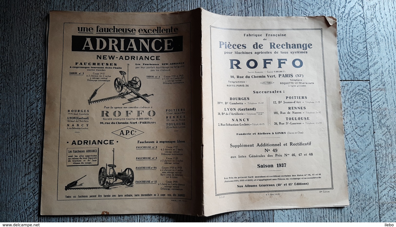 Brochure Tarif Pièces De Rechange Machines Agricoles Roffo 1937 Dessins Livry - Materiaal En Toebehoren