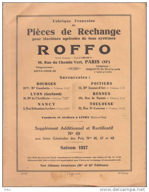 brochure tarif pièces de rechange machines agricoles roffo 1937 dessins livry