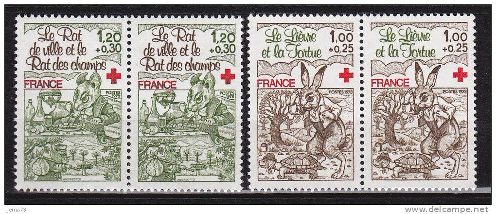 N° 2024 Et 2025 Au Profit De La Croix Rouge:2 Paires De 2 Timbres: Les Fables De La Fontaine:Lièvre Et La Tortue, Le - Neufs