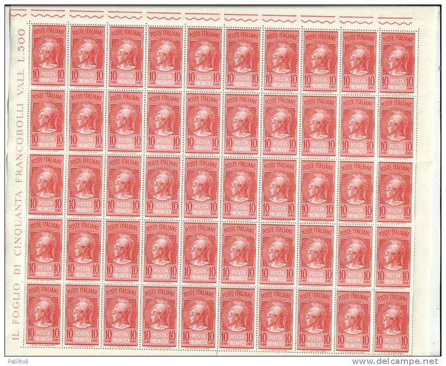 ITALIA REPUBBLICA ITALY REPUBLIC 1958 POSTA PNEUMATICA TESTA DI  MINERVA LIRE 10 MNH FOGLIO INTERO SHEET - Express/pneumatic Mail