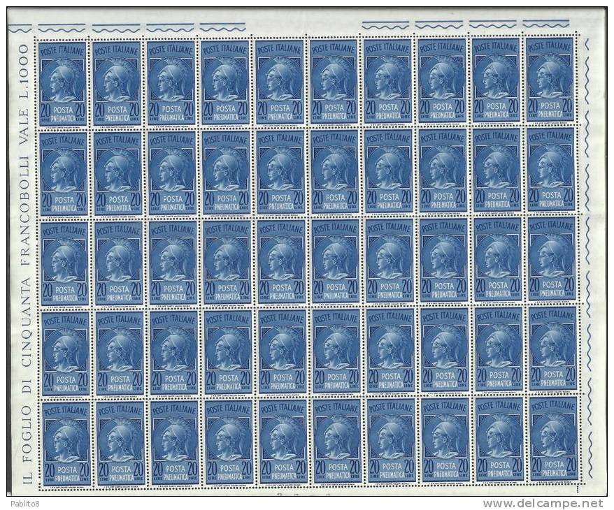 ITALIA REPUBBLICA 1966 POSTA PNEUMATICA TESTA DI MINERVA LIRE 20 MNH FOGLIO INTERO SHEET - Express-post/pneumatisch