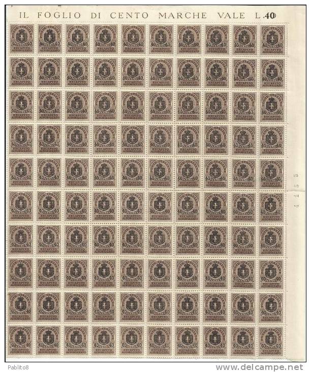 ITALIA REGNO 1944 LUOGOTENENZA RECAPITO FASCETTO SOPRASTAMPATO SURCHARGE MNH CENT 40 SU 10 FOGLIO DI 100 SHEET - Geautoriseerde Privédienst