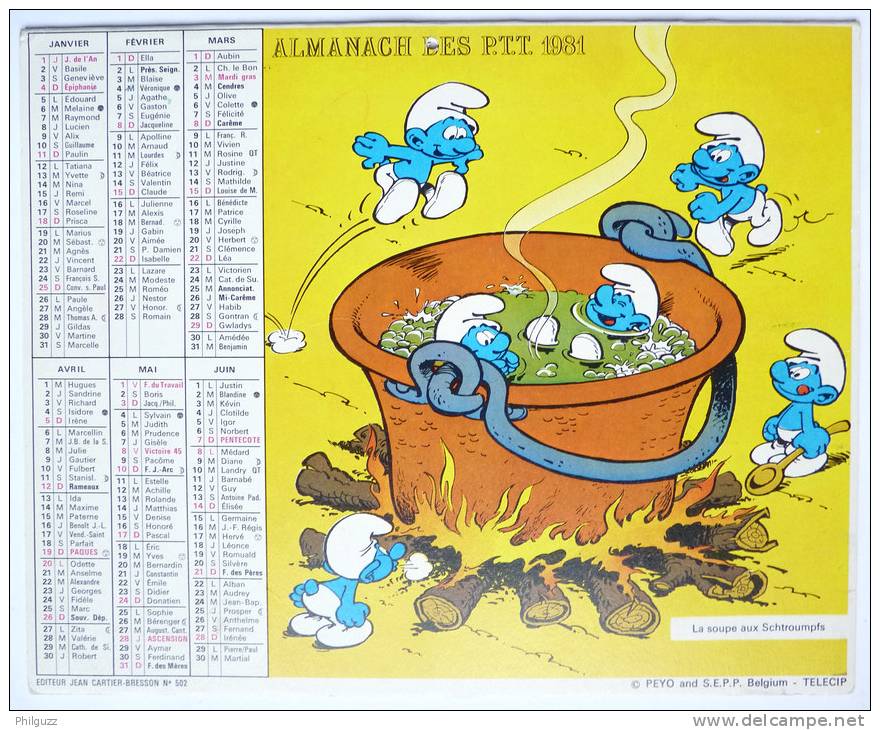 CALENDRIER ALMANACH DES PTT 1981 - LES SCHTROUMPFS - PEYO - Agendas & Calendarios