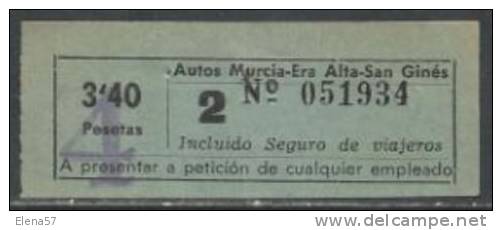 2203B-BILLETE TICKET AUTOBUS MURCIA REA ALTA -SAN GINES 3,4 PESETAS - Otros & Sin Clasificación