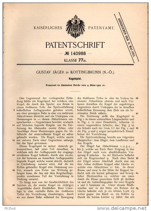 Original Patentschrift - G. Jäger In Kottingbrunn , N.-Ö., 1902 , Kugelspiel , Flipper !!! - Antikspielzeug