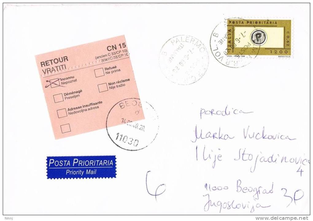 963-Italia 7.6.2000 - ESTERO  AL MITTENTE -busta Viaggiata Con Isolato  P.Prioritaria £. 1200 Palermo/Jugoslavia - 2001-10: Storia Postale