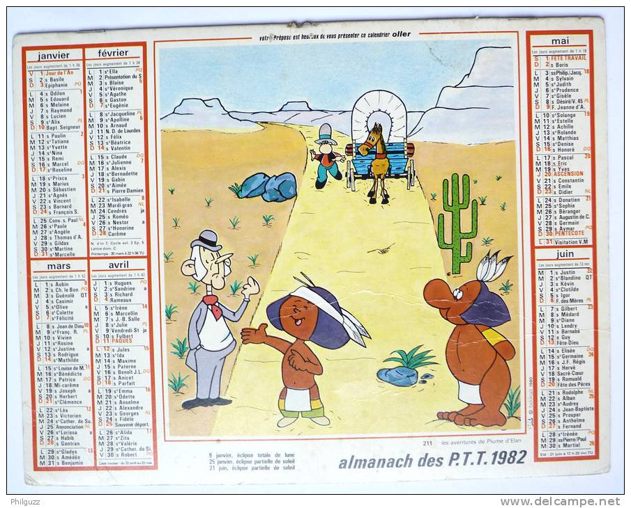 CALENDRIER ALMANACH DES PTT 1982 - LES AVENTURES DE PLUME D'ELAN  - BELOKAPI - Agendas & Calendarios