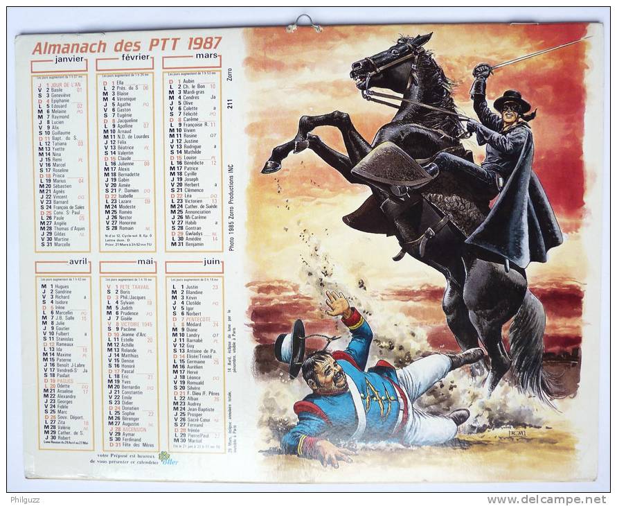 CALENDRIER ALMANACH DES PTT 1987 - ZORRO PROD INC - Agendas