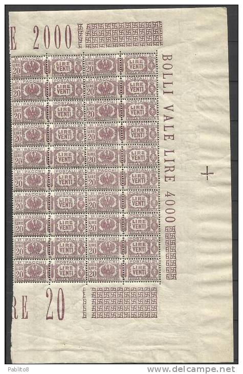 ITALIA REGNO 1927 PACCHI POSTALI AQUILA SABAUDA CON FASCI LIRE 20 MNH BLOCCO DI 20 BEN CENTRATO - Colis-postaux