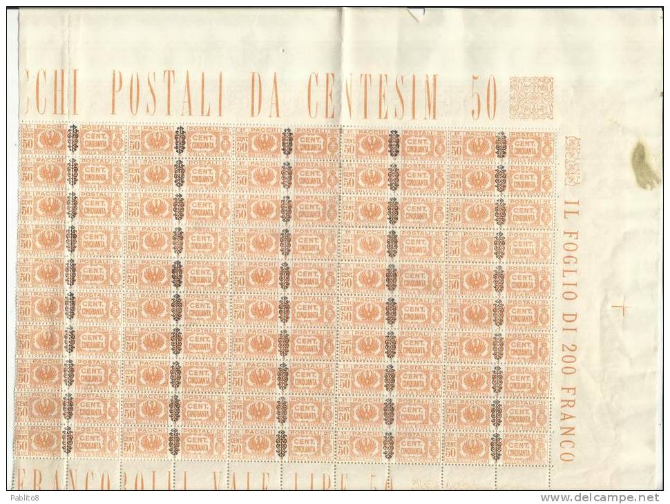 ITALIA REGNO 1945 LUOGOTENENZA PACCHI POSTALI FREGIO CENT. 50 MNH MEZZO FOGLIO DI 50 HALF SHEET - Paketmarken