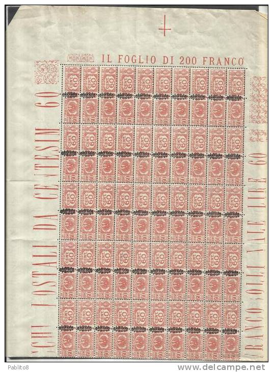 ITALIA REGNO 1945 LUOGOTENENZA PACCHI POSTALI FREGIO CENT. 60 MNH MEZZO FOGLIO DI 50 HALF SHEET - Postpaketten