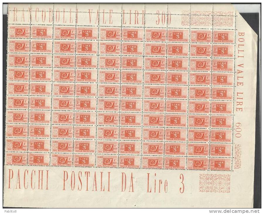 ITALIA REPUBBLICA ITALY REPUBLIC 1946 1951 PACCHI POSTALI RUOTA WHEEL 1947 LIRE 3 MNH MEZZO FOGLIO DI 50 HALF SHEET - Postpaketten