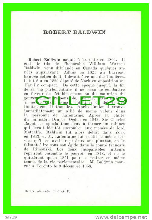 IMAGES FICHES ILLUSTRÉES - ROBERT BALDWIN, HOMME POLITIQUE CANADIEN (1804-1858) - L.-J.A.D. - - Histoire