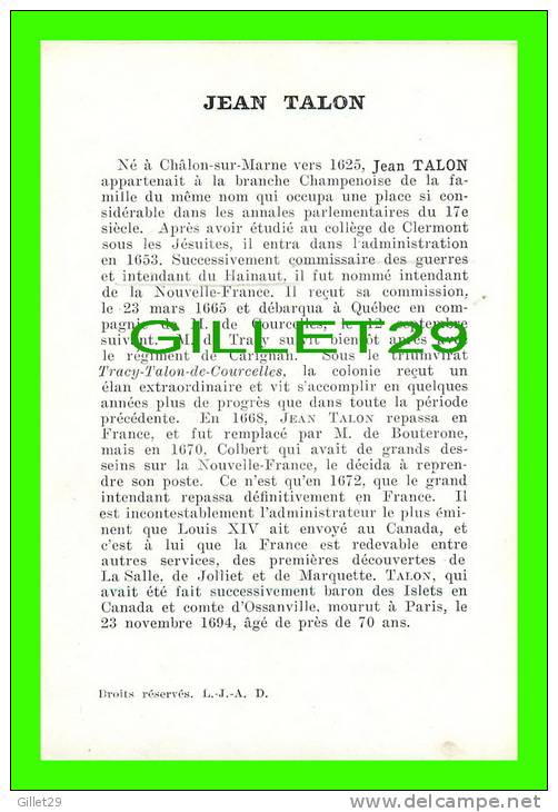 IMAGES FICHE ILLUSTRÉES DE JEAN TALON, INTENDANT DE LA NOUVELLE-FRANCE (1625-1694) - L.- J. A. D. - - Histoire