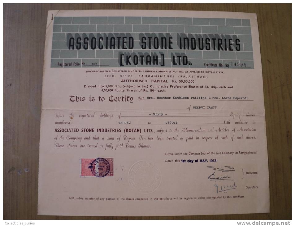 Associated Stone Industries Kotah Ltd 1973 Scarce Hard To Get Share Certificate India - Industrie