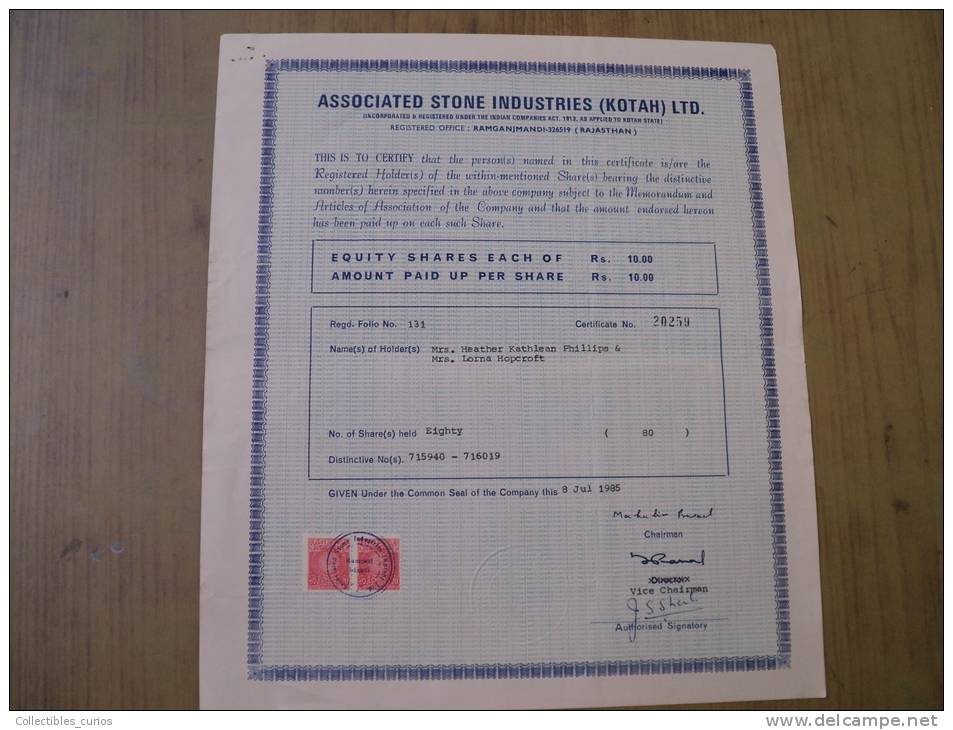 Associated Stone Industries Kotah Ltd 1985 Scarce Hard To Get Share Certificate India - Industrial
