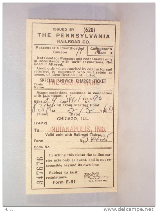 Ticket. The Pennsylvania Railroad. Chicago To Indianapolis 1960. - Monde