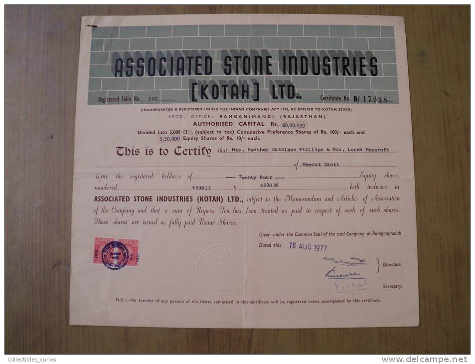 Associated Stone Industries Kotah Ltd 1977 Scarce Hard To Get Share Certificate India - Industrie