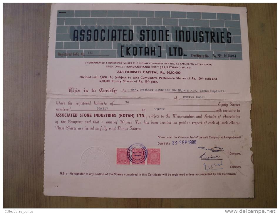 Associated Stone Industries Kotah Ltd 1980 Scarce Hard To Get Share Certificate India - Industry