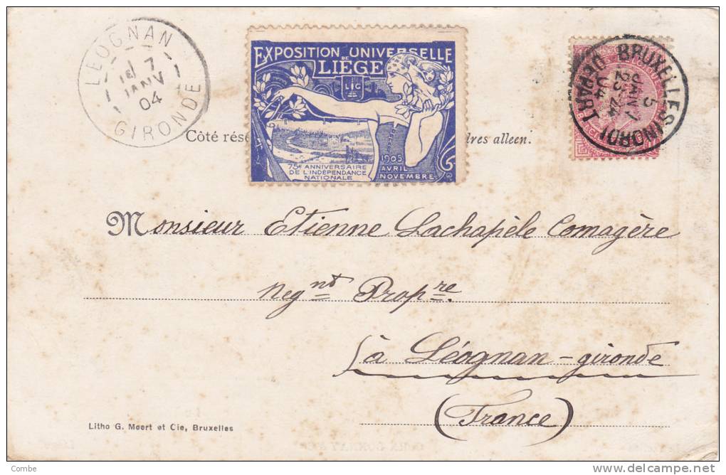 MARCOPHILIE, 1904, BELGIQUE,  CARTE  LIEGE, 10c , EXPOSITION UNIVERSELLE DE LIÈGE, BRUXELLES Pour La FRANCE,/3423 - 1894-1896 Esposizioni