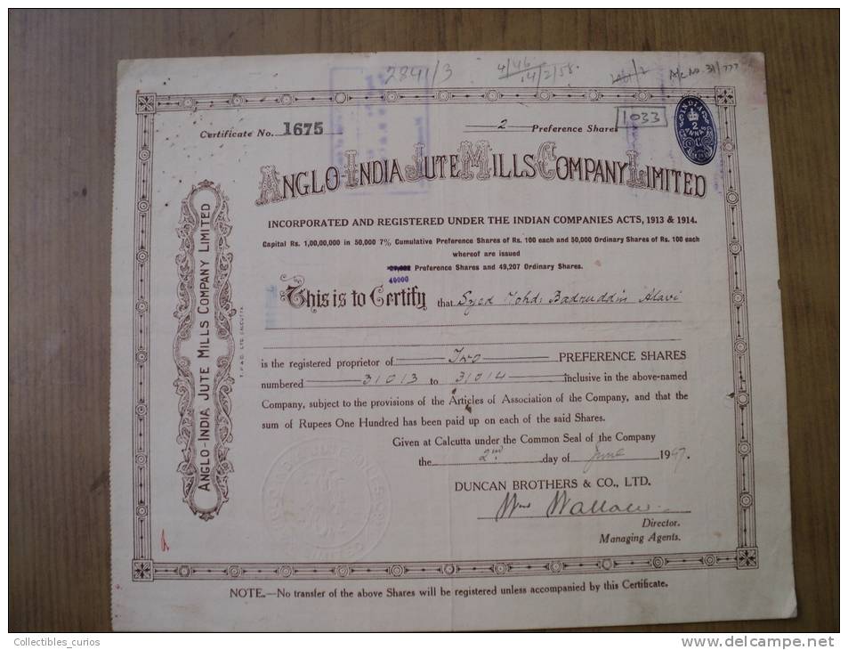 Anglo India Jute Mills Company Ltd 1947 Scarce Hard To Get Share Certificate India - Industry