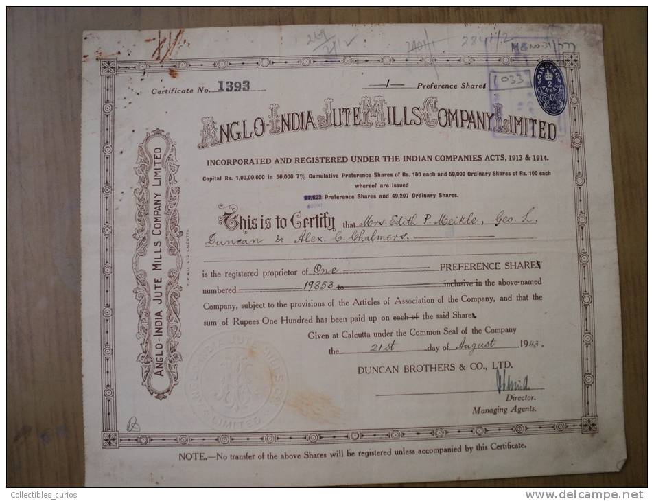 Anglo India Jute Mills Company Ltd 1943 Scarce Hard To Get Share Certificate India - Industry