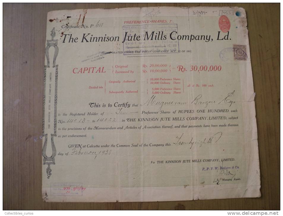 The Kinnison Jute Mills Company Ltd 1938 Scarce Hard To Get Share Certificate India - Industry