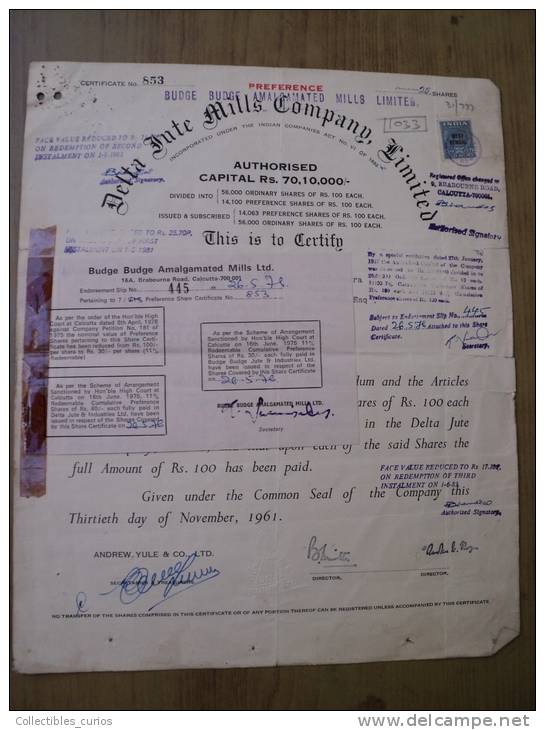 Delta Jute Mills Company Ltd 1961 Scarce Hard To Get Share Certificate India - Industrie