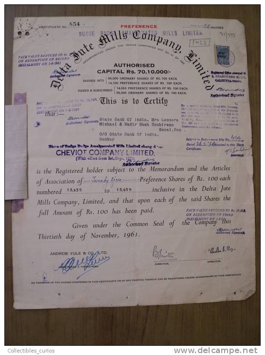 Delta Jute Mills Company Ltd 1961 Scarce Hard To Get Share Certificate India - Industry