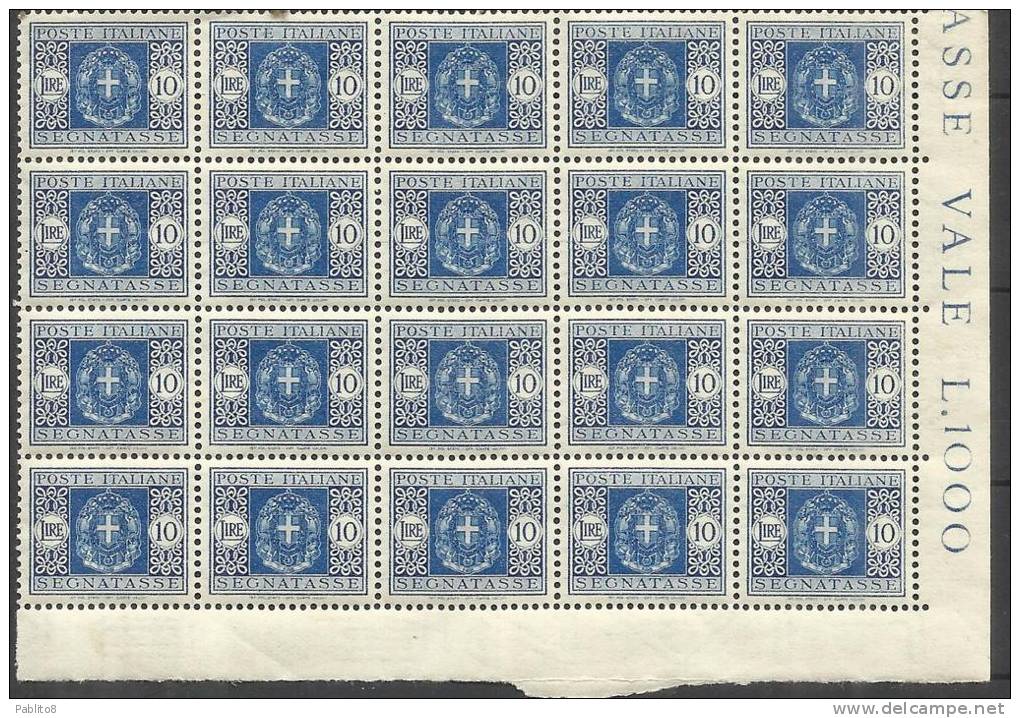 ITALY KINGDOM ITALIA REGNO 1934 SEGNATASSE L.10 MNH BLOCCO DI 20 BLOCK - Strafport