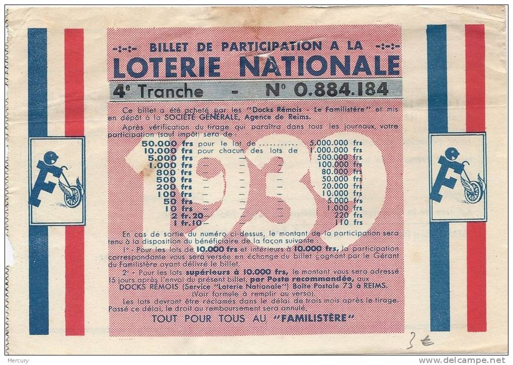 Billet De Participation De 1939 4ème Tranche - Billets De Loterie