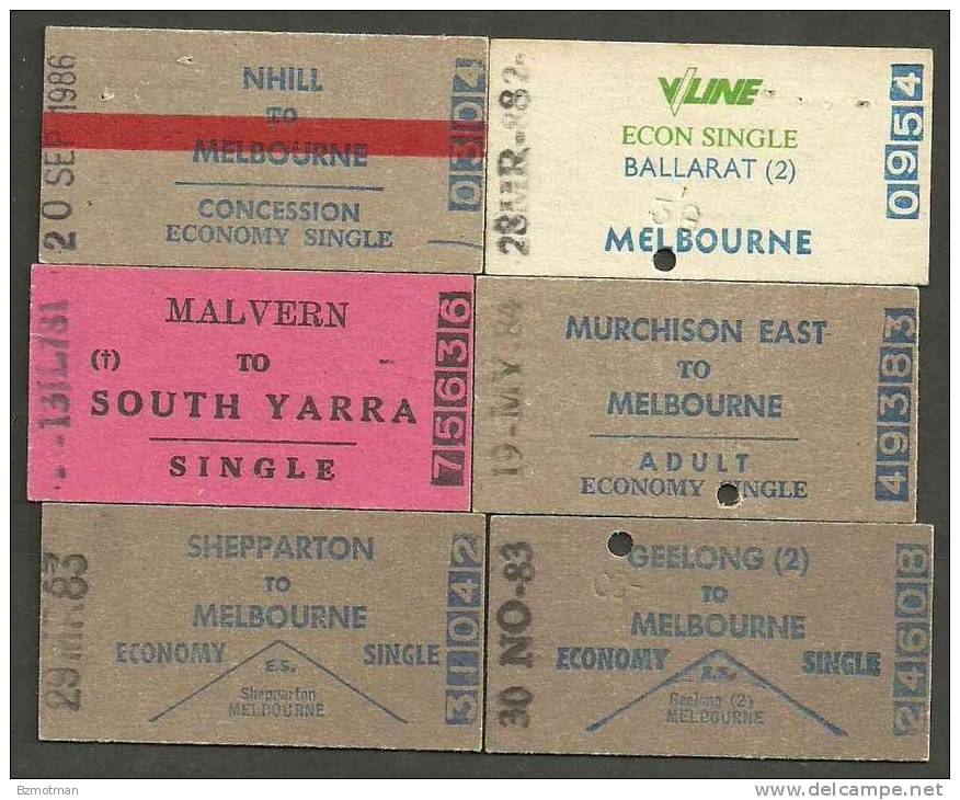 QN100 AUSTRALIA Victoria 6 Tickets 1981-86 Nhill Malvern Shepparton Geelong Murchison Ballarat - World