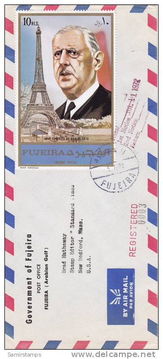 Fujeira, Regsitr. Cover Sent 1972 To USA Franked DE GAULLE,large Size Stamp Scarce On Cover,verso Date - Fudschaira