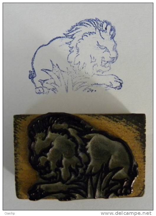 Ancien Tampon Scolaire Bois LION - Animal Ecole Fauve Rubber Stamp - Scrapbooking