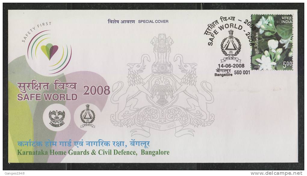 India 2008    POLICE  SAFE WORLD  Karnataka Home Gaurds &amp; Civil Defence Policing Special Cover # 45221  Inde Indien - Police - Gendarmerie