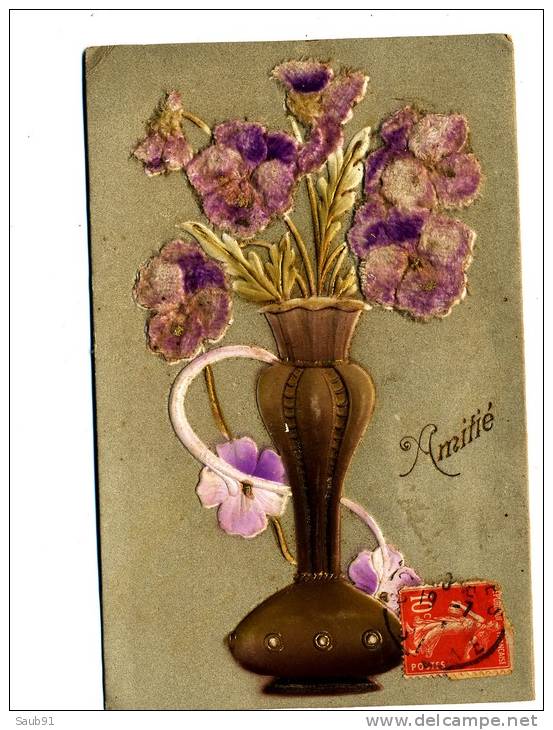 Fantaisie -  Amitié -  Fleurs Pensées Dans Un Vase -  Carte En Relief - Velours  - Réf : DDCF11 - Other & Unclassified