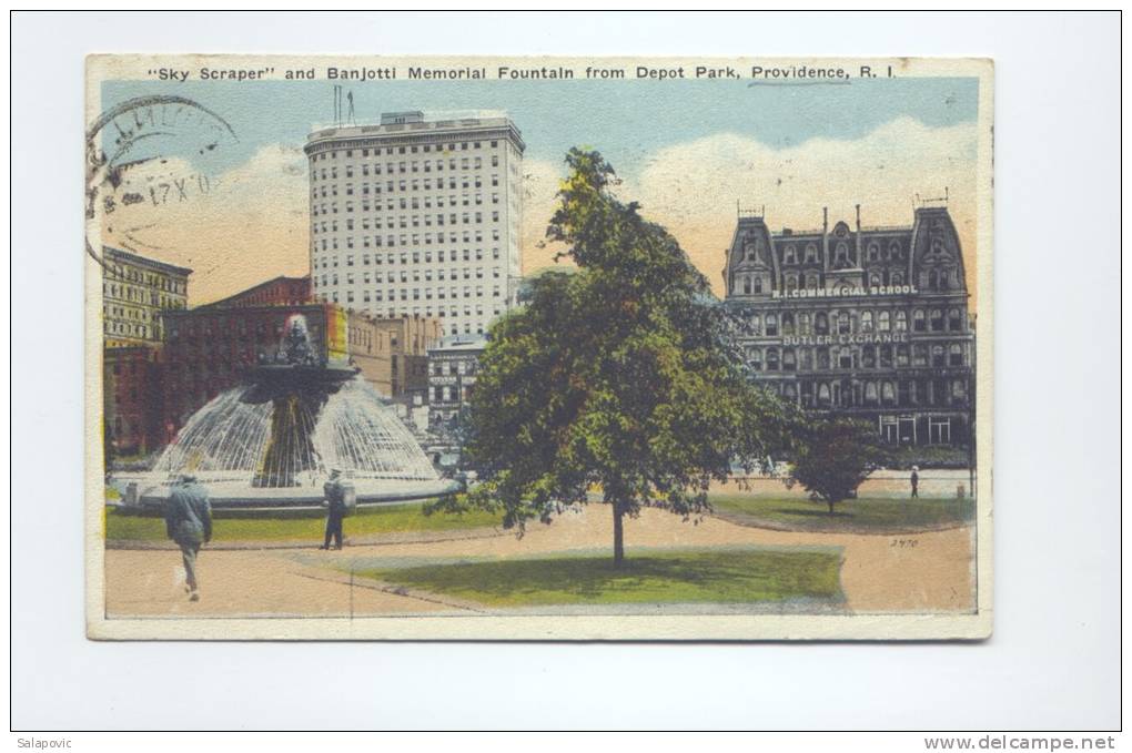 Rhode Island Providence Sky Scraper And Banjotti Memorial Fountain From Depot Park  1921    2 SCANS - Providence