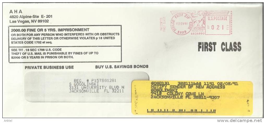 USA CC FRANQUEO MECANICO 1991 MAILED FROM ZIP CODE 89119 - Lettres & Documents