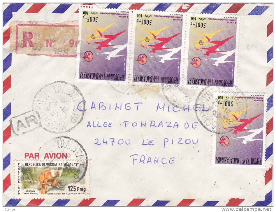 MARCOPHILIE, MADAGASCAR, Lettre Recommandée , 1995, TANANARIVE Yv 1424 628 POSTE LEMURIEN/3493. - Madagascar (1960-...)