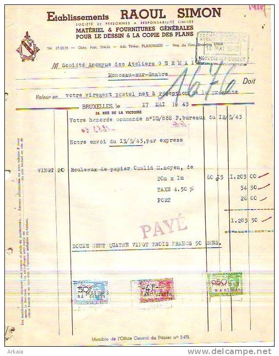 Bruxelles - 1943 - Etablissements Raoul Simon - Matériel & Fournitures Générales Pour Le - Stamperia & Cartoleria