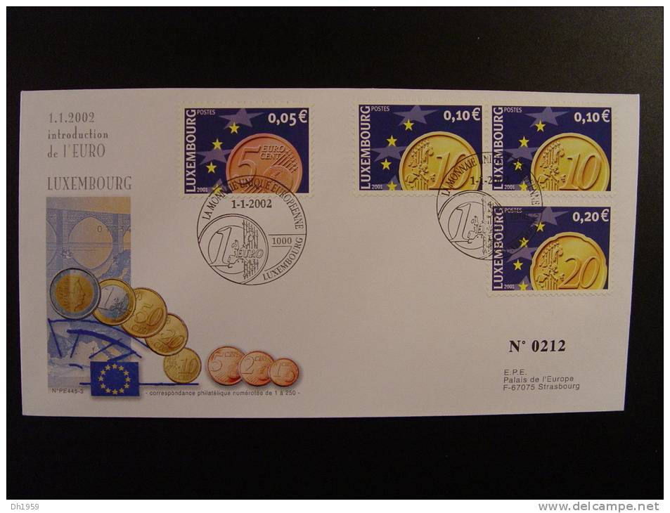 LUXEMBOURG INTRODUCTION EURO MONNAIE UNIQUE EUROPEENNE COUNCIL CONSEIL EUROPE TIRAGE LIMITE 250 EX. - Storia Postale