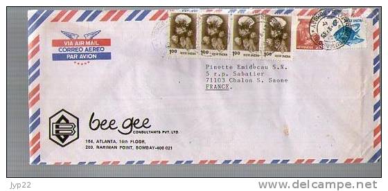 Lettre Cover Par Avion Via Air Mail Inde Bee Gee Bombay Pour France - CAD 1985 ? / 6 Tp Fleur Poisson Allaitement Sein - Lettres & Documents