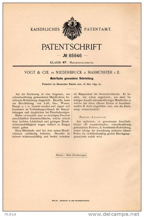 Original Patentschrift - Vogt & Cie In Niederbruck B. Masmünster I.E., 1895 , Leitung Für Dampf , Gas , Masevaux !!! - Historische Dokumente