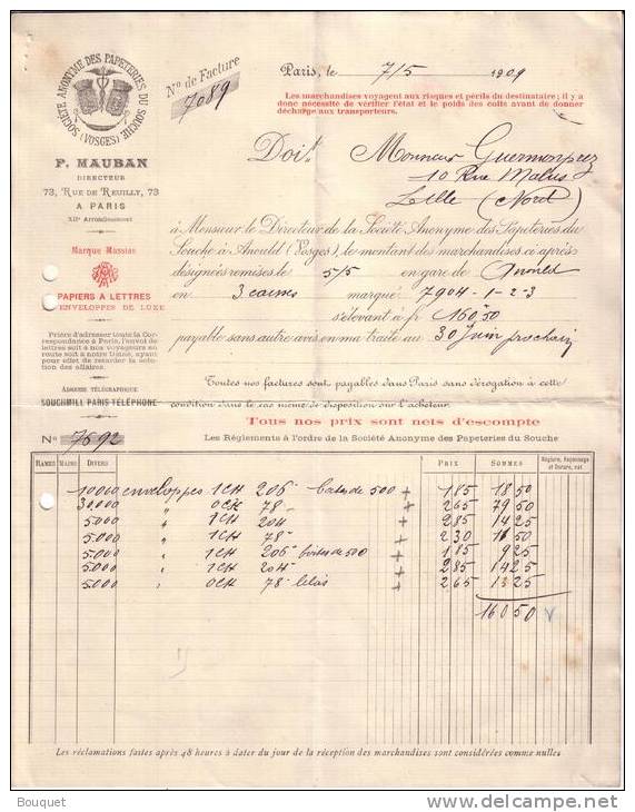 VOSGES - ARNOULD - PARIS - PAPETERIES DU SOUCHE - P. MAUBAN - FACTURE + MANDAT - 1909 - 1900 – 1949