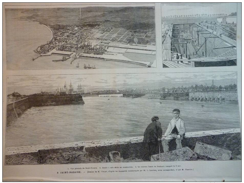 Saint Nazaire , Vue Générale Et Bassins De Construction , Bassin Penhouet , Gravure Lepére Dessin Clerget 1881 - Documentos Históricos