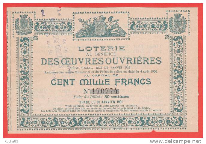 Ancien Billet - LOTERIE  OEUVRES OUVRIERES Rue De Vanves à PARIS - 1901 - Billets De Loterie