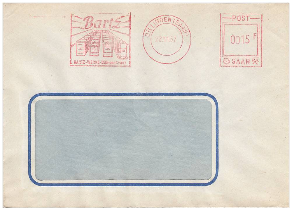 SAARGEBIET - FREISTEMPEL - 1957 - 0015 F - DILLINGEN  ( Saar ) Kpl. Brief - SELTENE TYPE - Maschinenstempel (EMA)