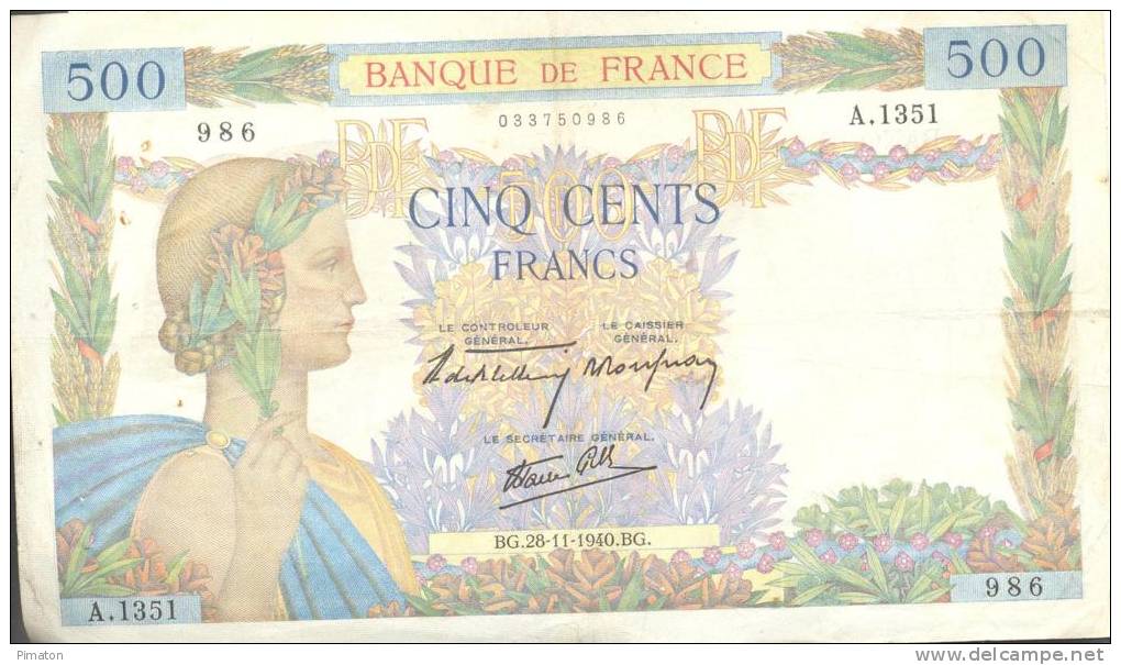 BILLET DE 500 FRANCS " La Paix " Pli Au Centre , Trous D'épingle ( Voir Scans ) - 500 F 1940-1944 ''La Paix''