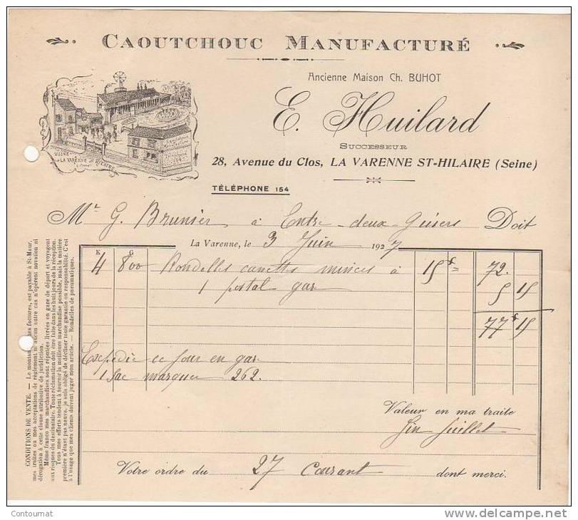 94 LA VARENNE SAINT HILAIRE St FACTURE 1907 CAOUTCHOUC Manufacturé E. HUILARD ( Anc. BUHOT )  - F5 - 1900 – 1949